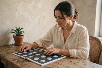 Femme débutante consultant un calendrier lunaire imprimé posé sur un bureau en bois, avec des phases de lune visibles