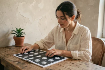 Femme débutante consultant un calendrier lunaire imprimé posé sur un bureau en bois, avec des phases de lune visibles