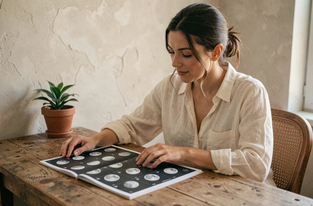 Femme débutante consultant un calendrier lunaire imprimé posé sur un bureau en bois, avec des phases de lune visibles