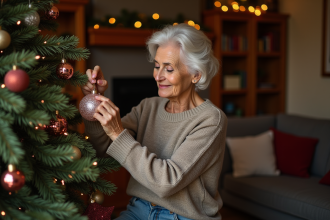 Femme âgée accrochant une boule de Noël sur le sapin