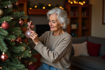 Femme âgée accrochant une boule de Noël sur le sapin