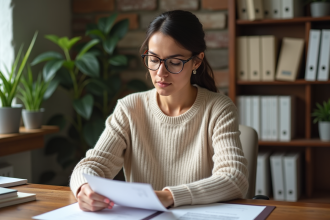 Femme lisant des documents dans un bureau cosy