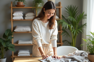 Jeune femme souriante pliant des vêtements écologiques dans un salon lumineux