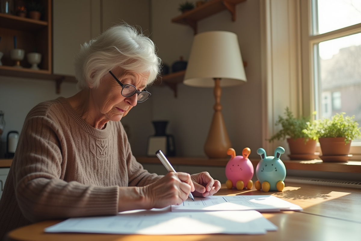 Femme âgée triant des papiers à la cuisine avec enfants