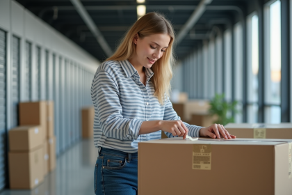 Jeune femme emballant une boxe dans un centre de stockage moderne