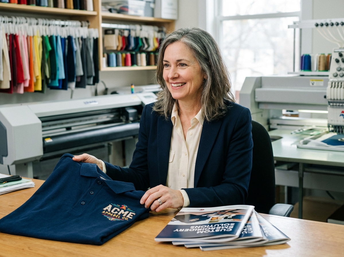 Femme souriante en tenue businesscasual examinant des brochures