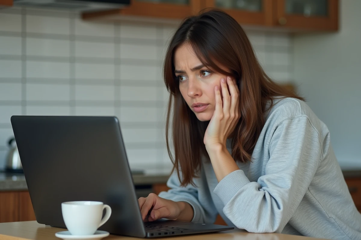 Femme consultantun message d'erreur de localisation sur le lanceur d'un jeu en ligne depuis sa cuisine