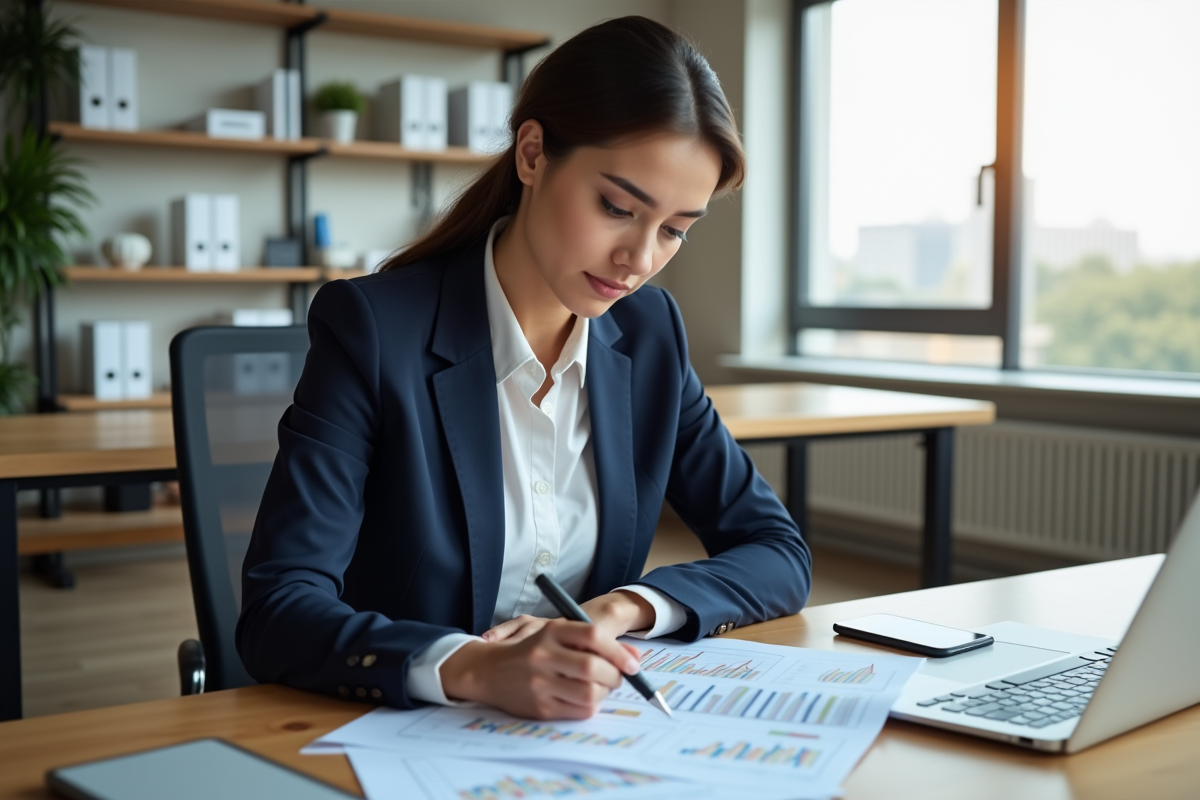 Femme d'affaires examine des graphiques financiers dans un bureau lumineux