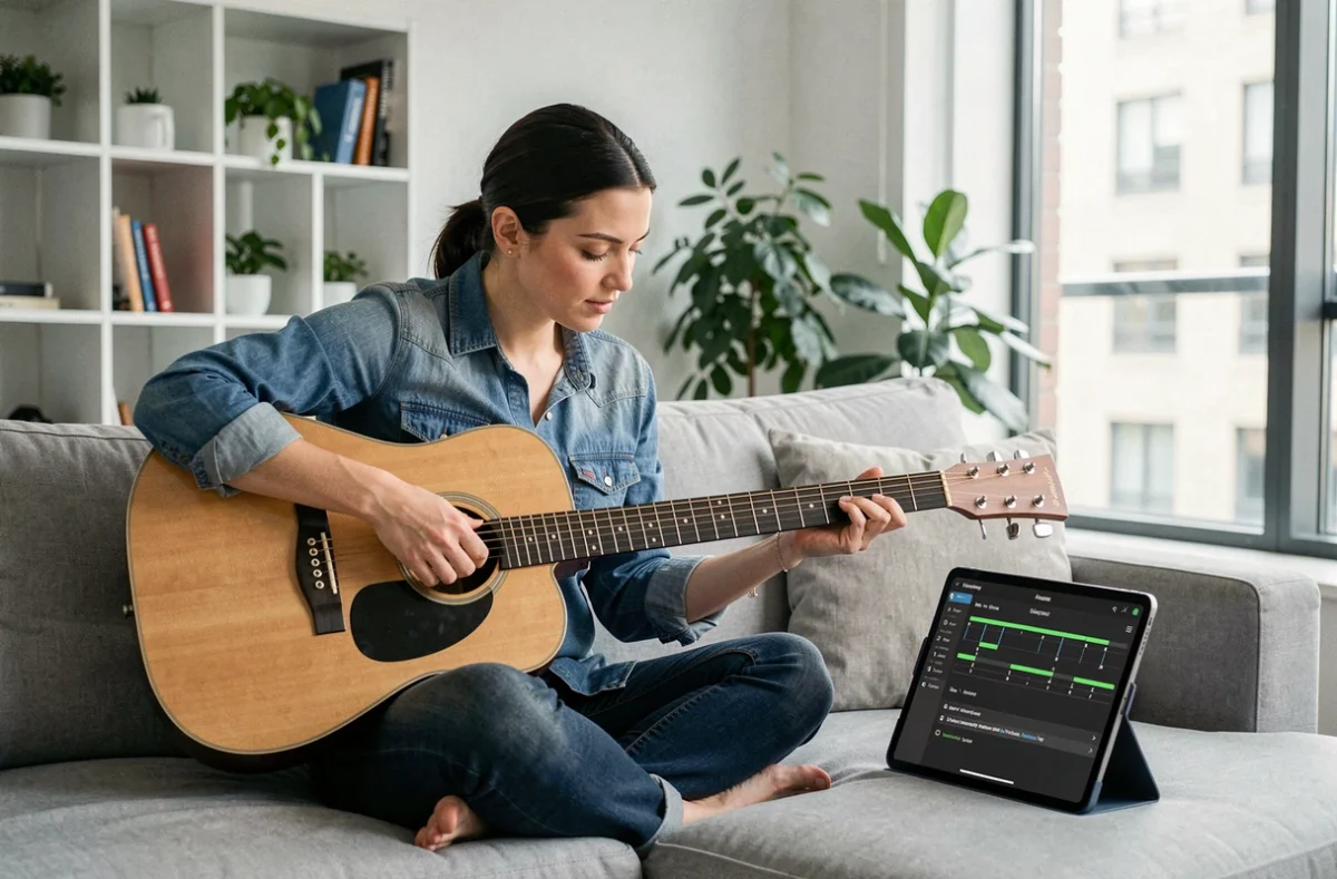 Femme guitariste débutante corrigeant ses doigtés en suivant une tablature numérique sur tablette dans un salon moderne