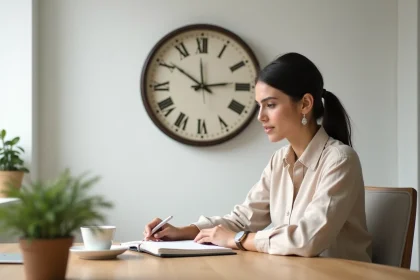 Femme consultant une horloge analogique à cadran romain pour comprendre la différence entre AM et PM dans un bureau à domicile minimaliste