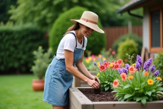 Femme plantant des fleurs colorées dans un jardin en été