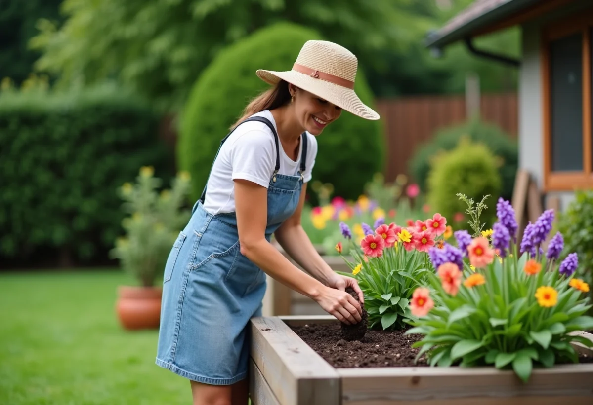 Femme plantant des fleurs colorées dans un jardin en été