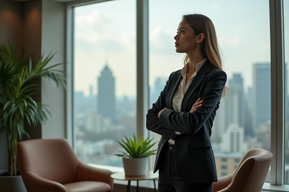Jeune femme leader regardant la ville depuis un bureau calme