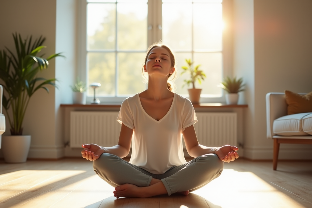 Jeune femme méditant dans un salon lumineux et minimaliste