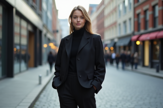 Jeune femme élégante en noir dans une rue urbaine
