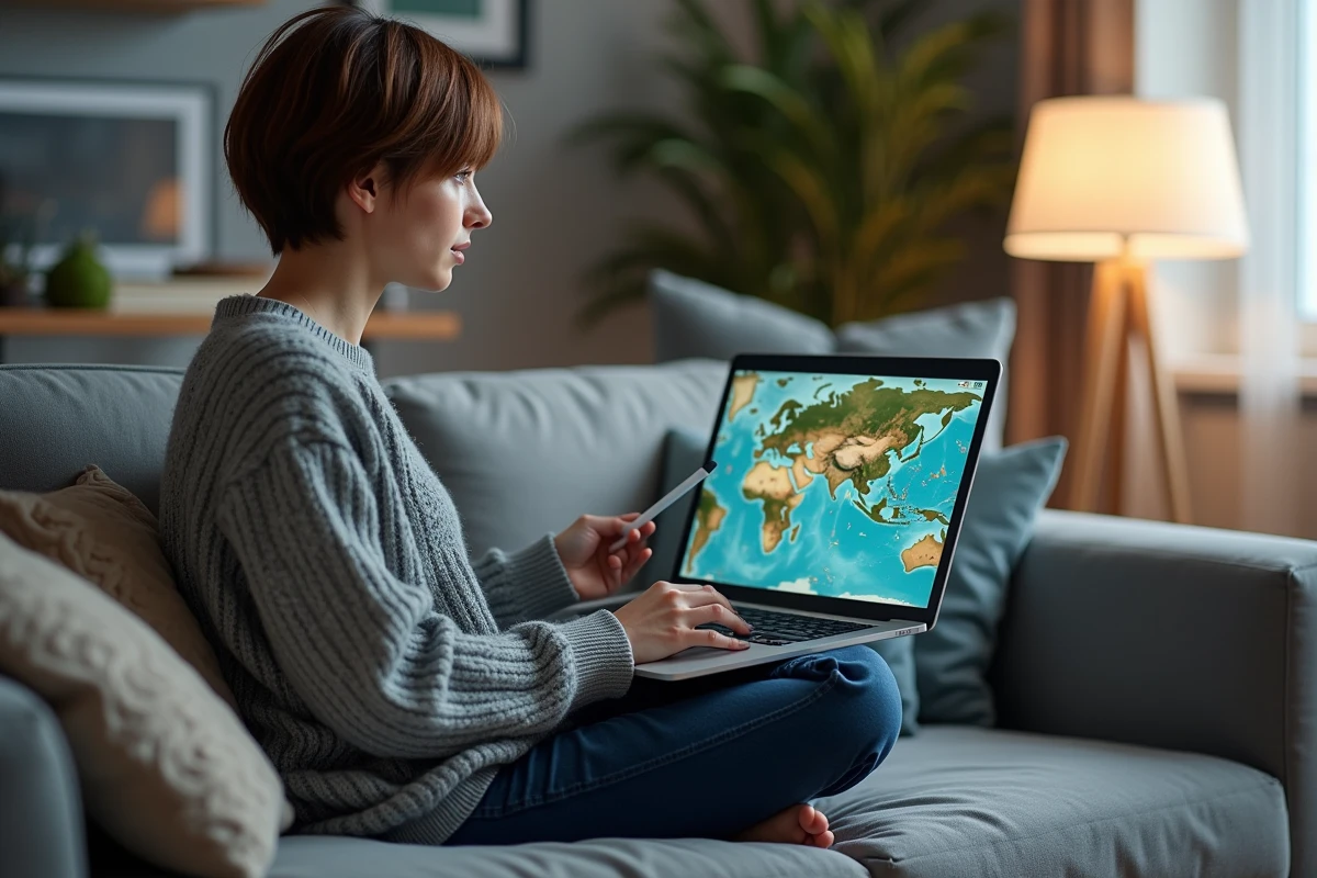 Jeune femme optimisant ses trajets de quêtes sur un laptop affichant une carte de jeu fantastique depuis son canapé