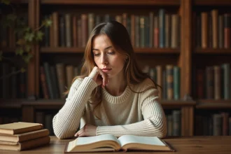 Femme pensive dans une bibliothèque, illustrant la personnalité révélée par les proverbes sur le silence