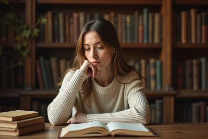 Femme pensive dans une bibliothèque, illustrant la personnalité révélée par les proverbes sur le silence