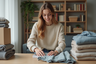 Femme en train de plier des vêtements dans un salon organisé