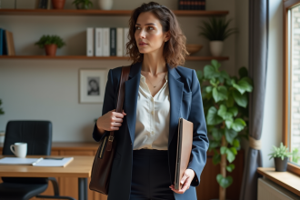 Femme en tenue professionnelle préparant son ordinateur portable