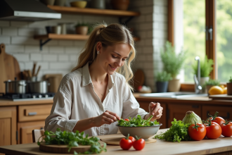 Femme en cuisine préparant une salade fraîche et colorée