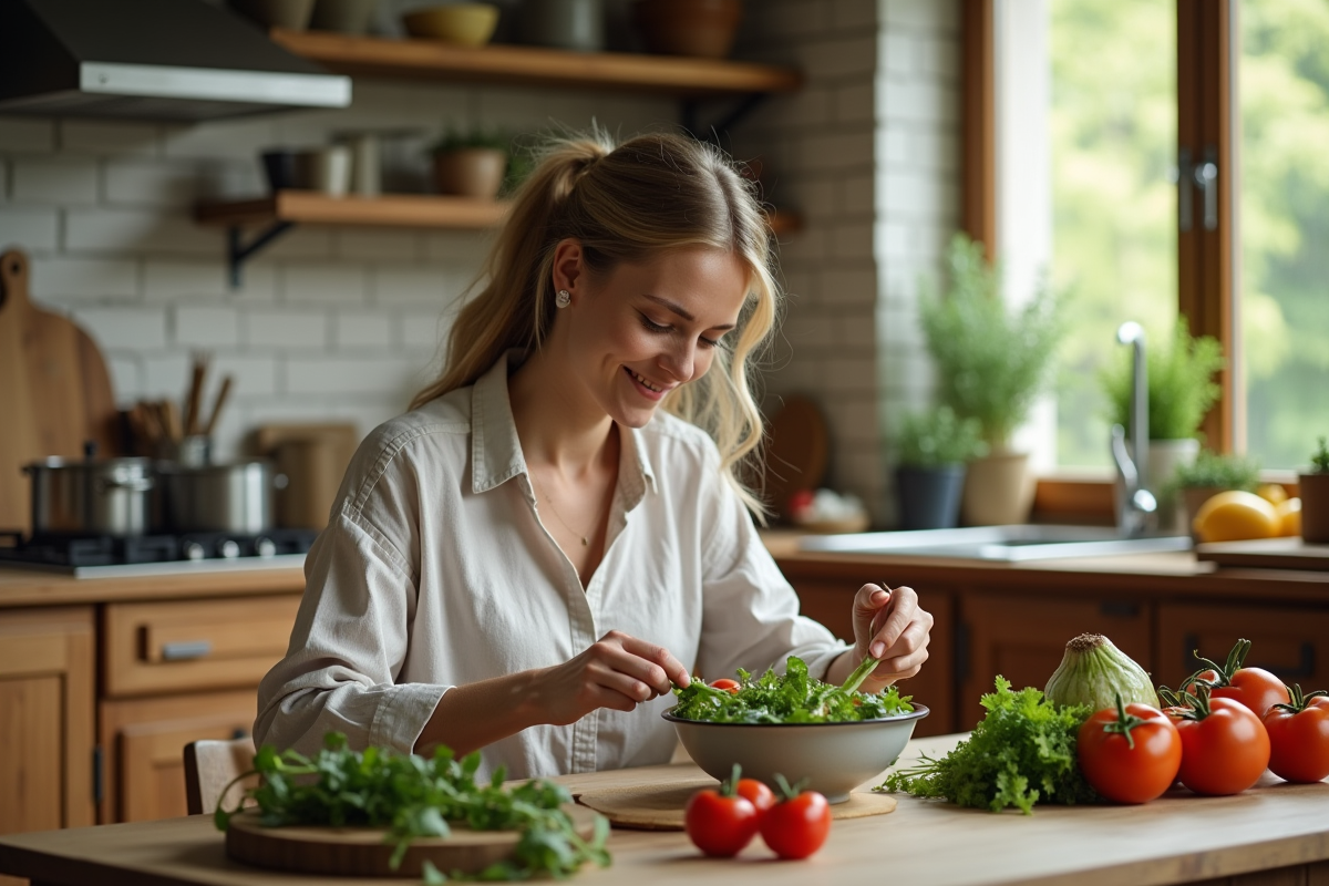 Femme en cuisine préparant une salade fraîche et colorée