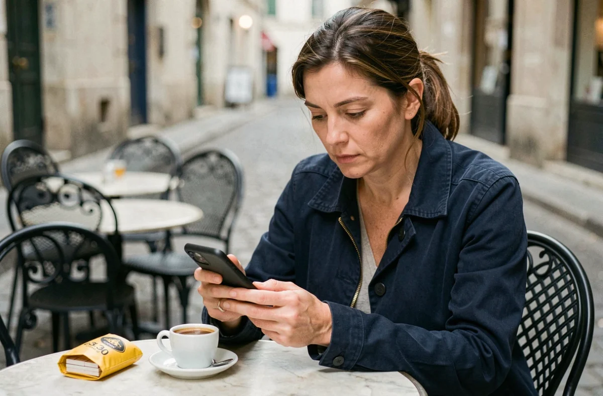 Femme consultant le prix du tabac Camel 30g sur son téléphone en terrasse de café