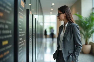 Femme en costume gris vérifiant des panneaux dans un hall moderne