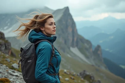Femme en équipement outdoor face au vent en montagne