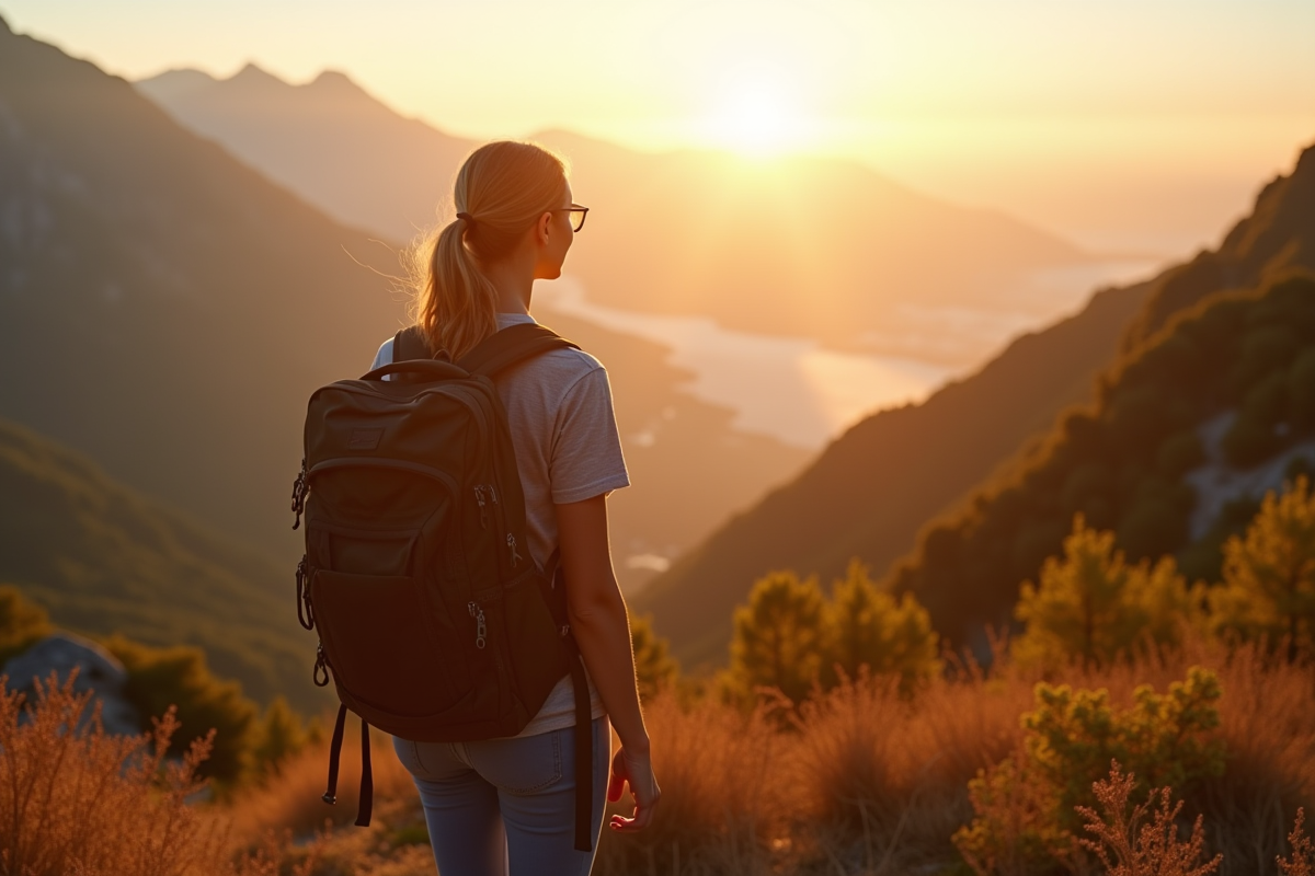 Femme confiante en randonnée sur un sentier de montagne au lever du soleil