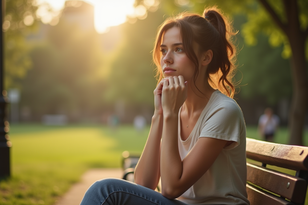 Jeune femme assise sur un banc dans un parc ensoleille