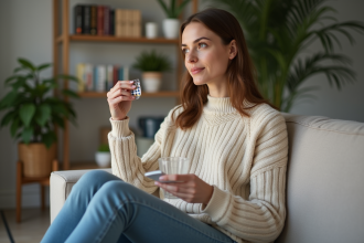 Femme détendue sur un sofa avec médicaments et eau