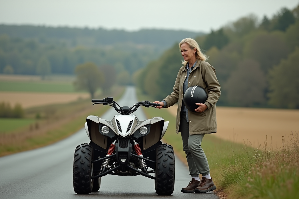 Femme dans la nature avec quad 50cc en rural