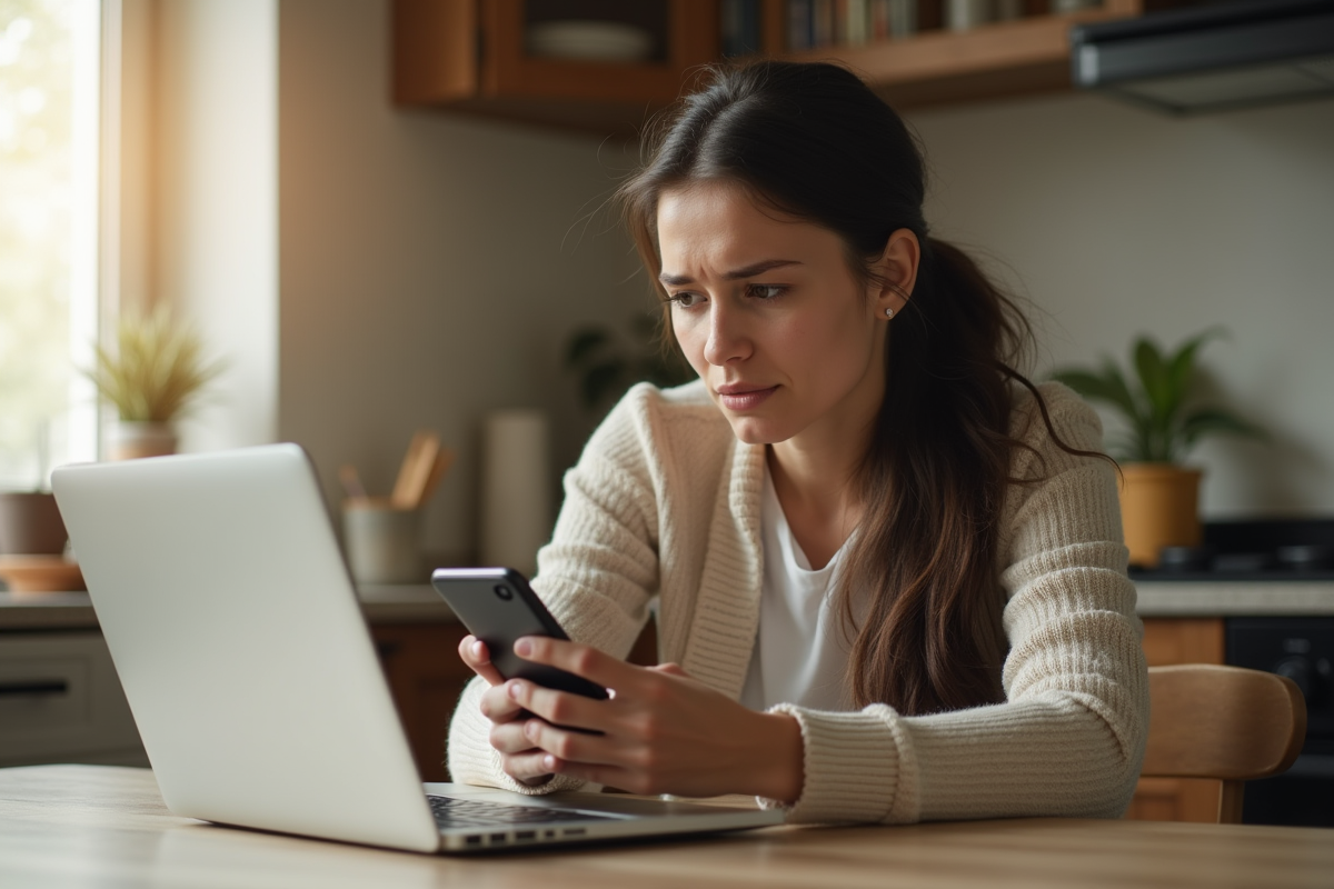 Jeune femme préoccupée lisant messages sur smartphone dans la cuisine