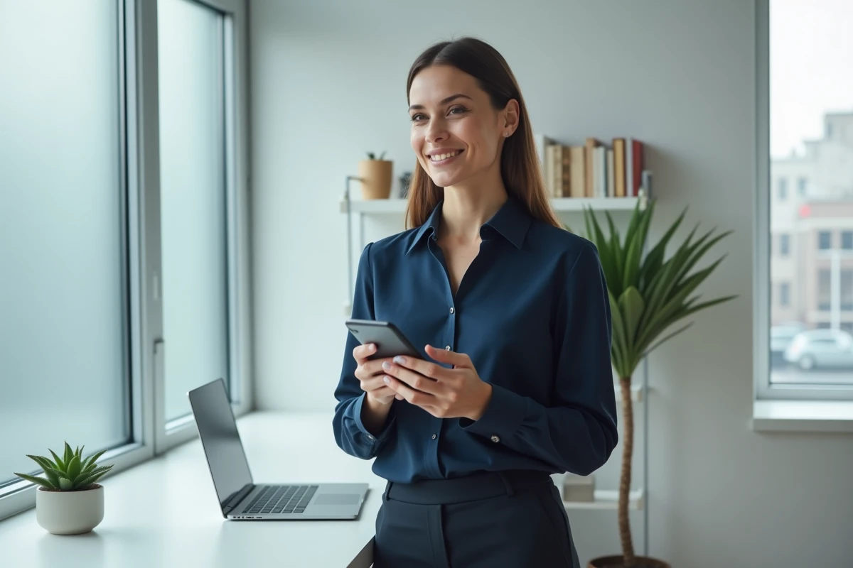 Femme professionnelle tenant un smartphone affichant une chronologie dans un bureau épuré