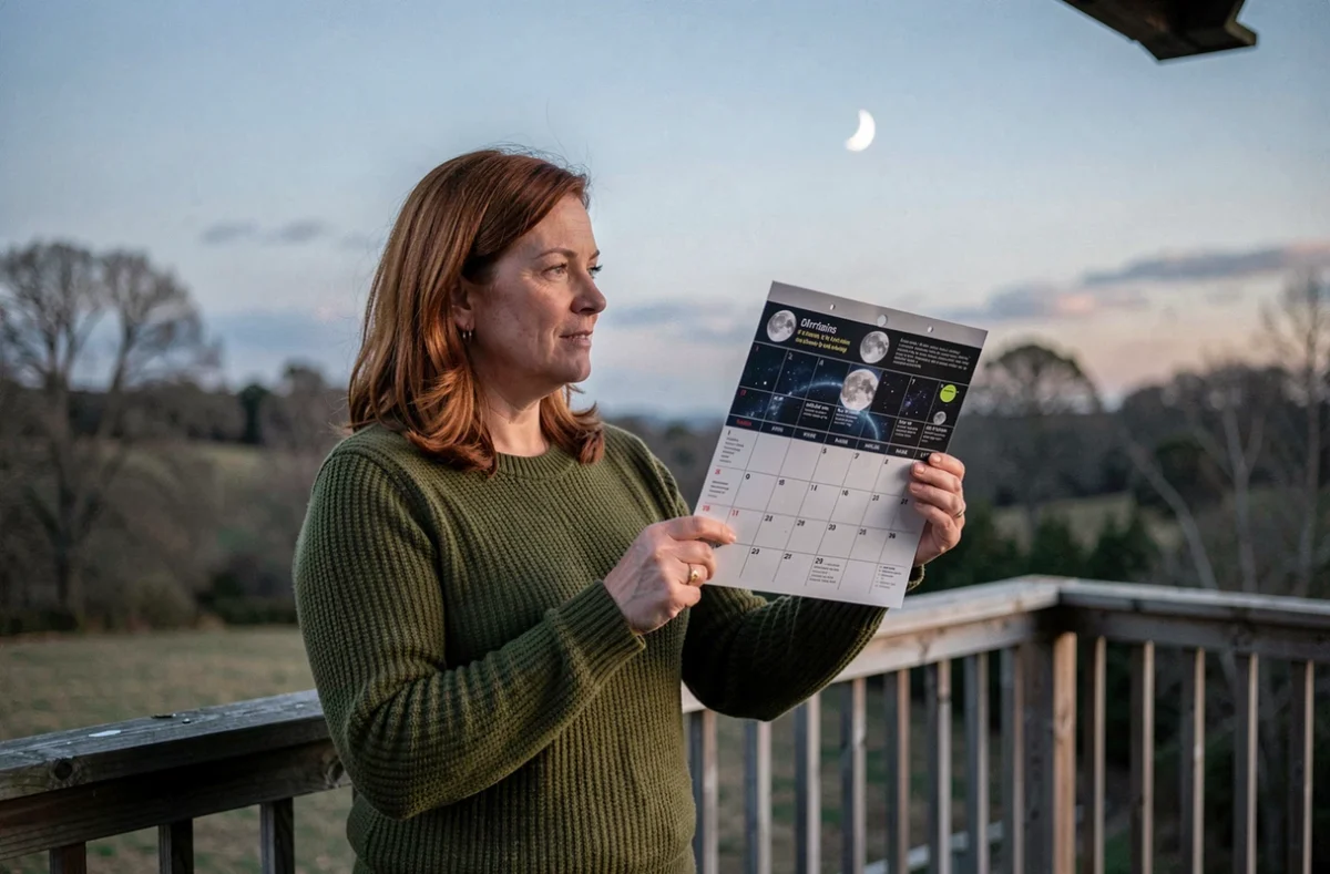 Femme tenant un tableau du calendrier lunaire en plein air sur une terrasse en bois et comparant les phases de lune avec la lune visible dans le ciel