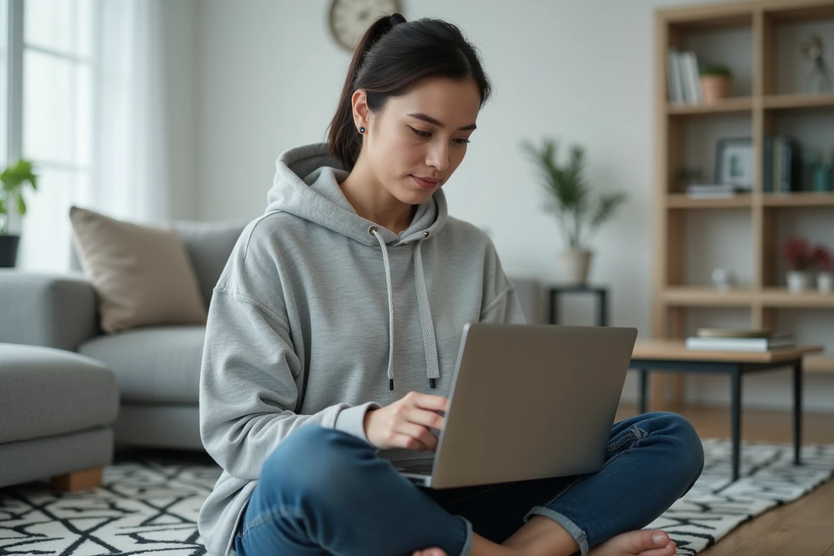 Femme utilisant simultanément une tablette et un ordinateur portable sur un canapé, représentant les bonnes pratiques d'accès à un compte en ligne sur plusieurs appareils