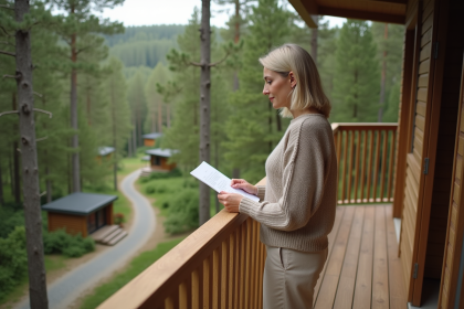 Femme contemplant des papiers sur une terrasse de cabane dans les arbres