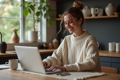 Jeune femme souriante travaillant à la maison avec un ordinateur