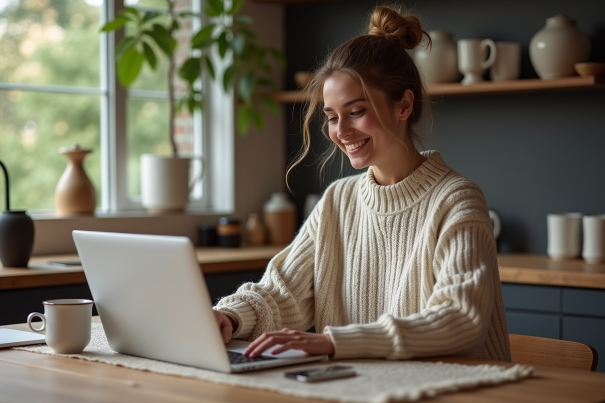 Jeune femme souriante travaillant à la maison avec un ordinateur