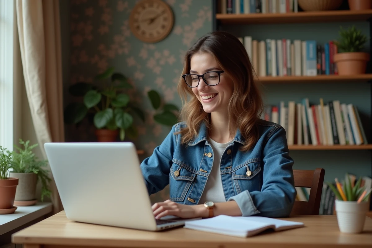 Jeune femme souriante travaillant à domicile avec ordinateur