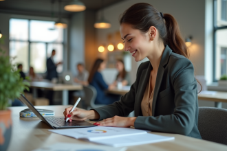 Jeune femme en coworking moderne utilisant une tablette
