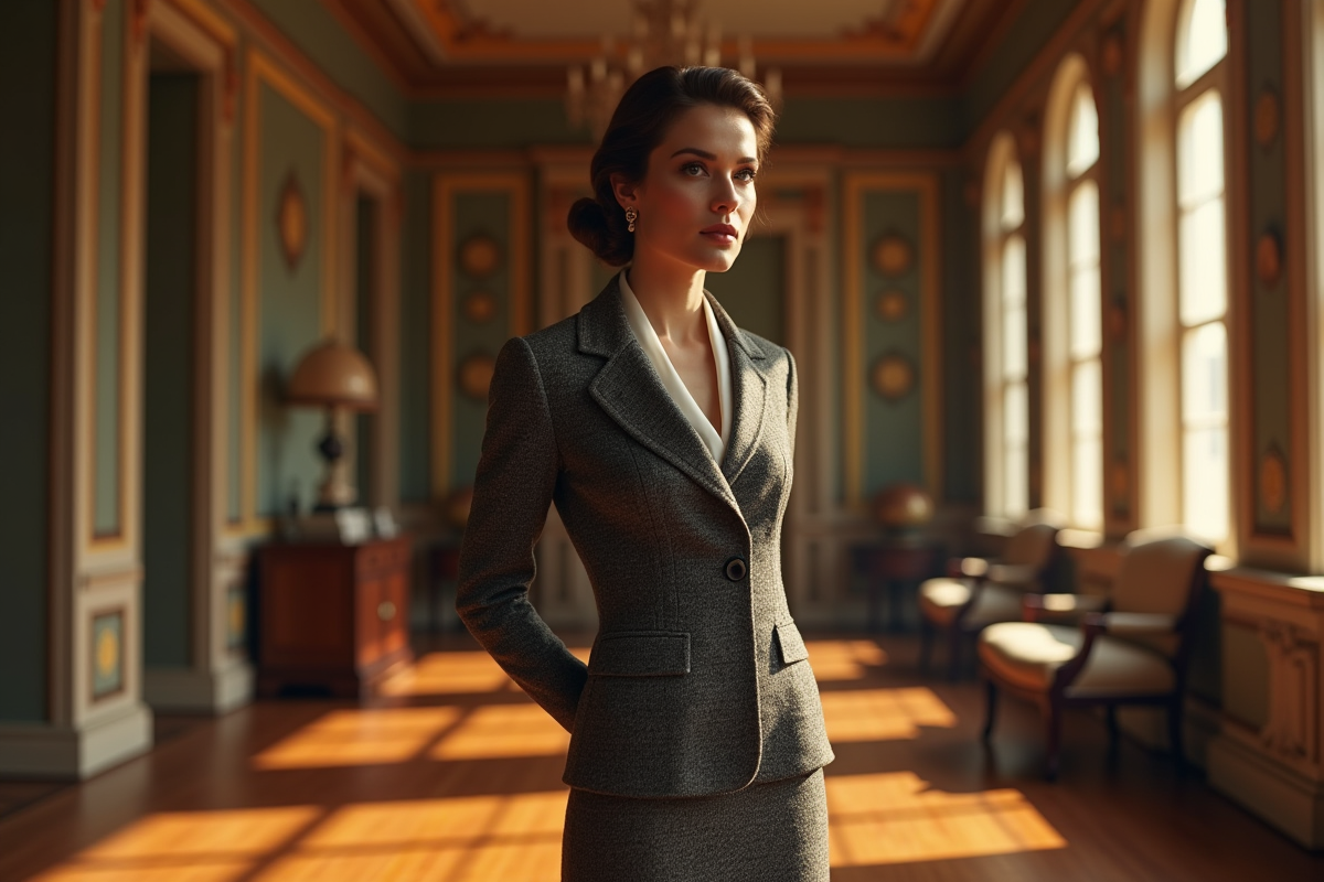 Femme en tailleur Chanel dans une pièce Art Deco ensoleillée