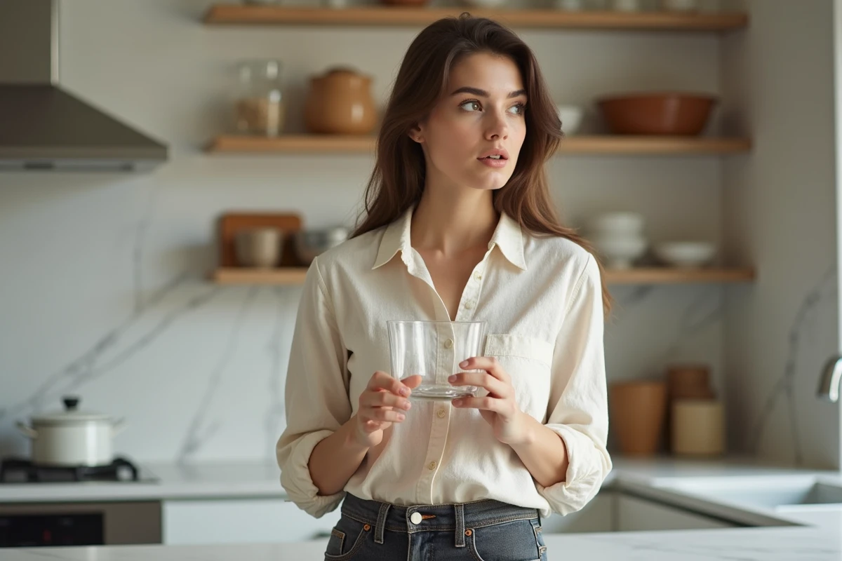 Jeune femme tenant un verre cassé dans une cuisine moderne, regard songeur évoquant la superstition et les signes dans les relations amoureuses