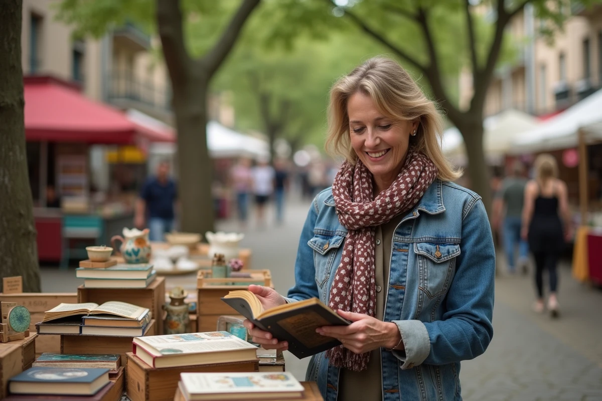 Femme souriante dans une brocante vintage en plein air