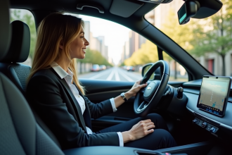 Femme relaxee dans une voiture autonome moderne en ville