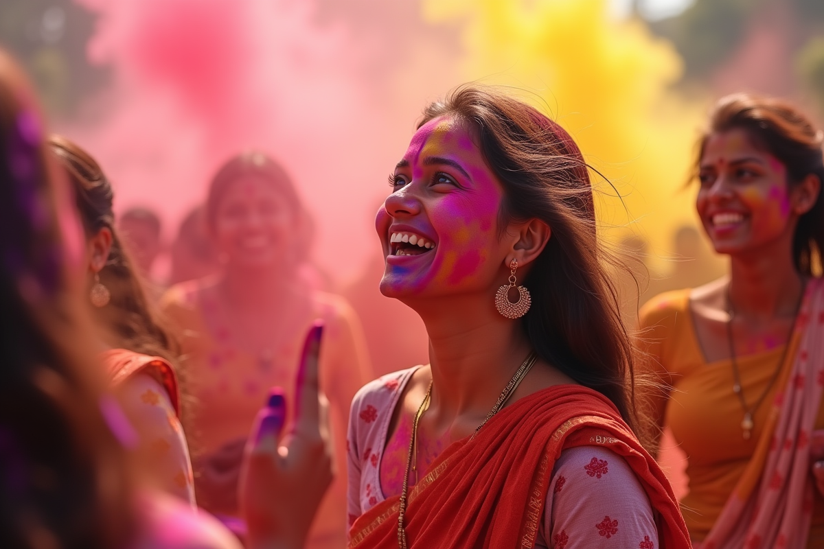 Fête Holi indienne avec des personnes lançant des poudres colorées