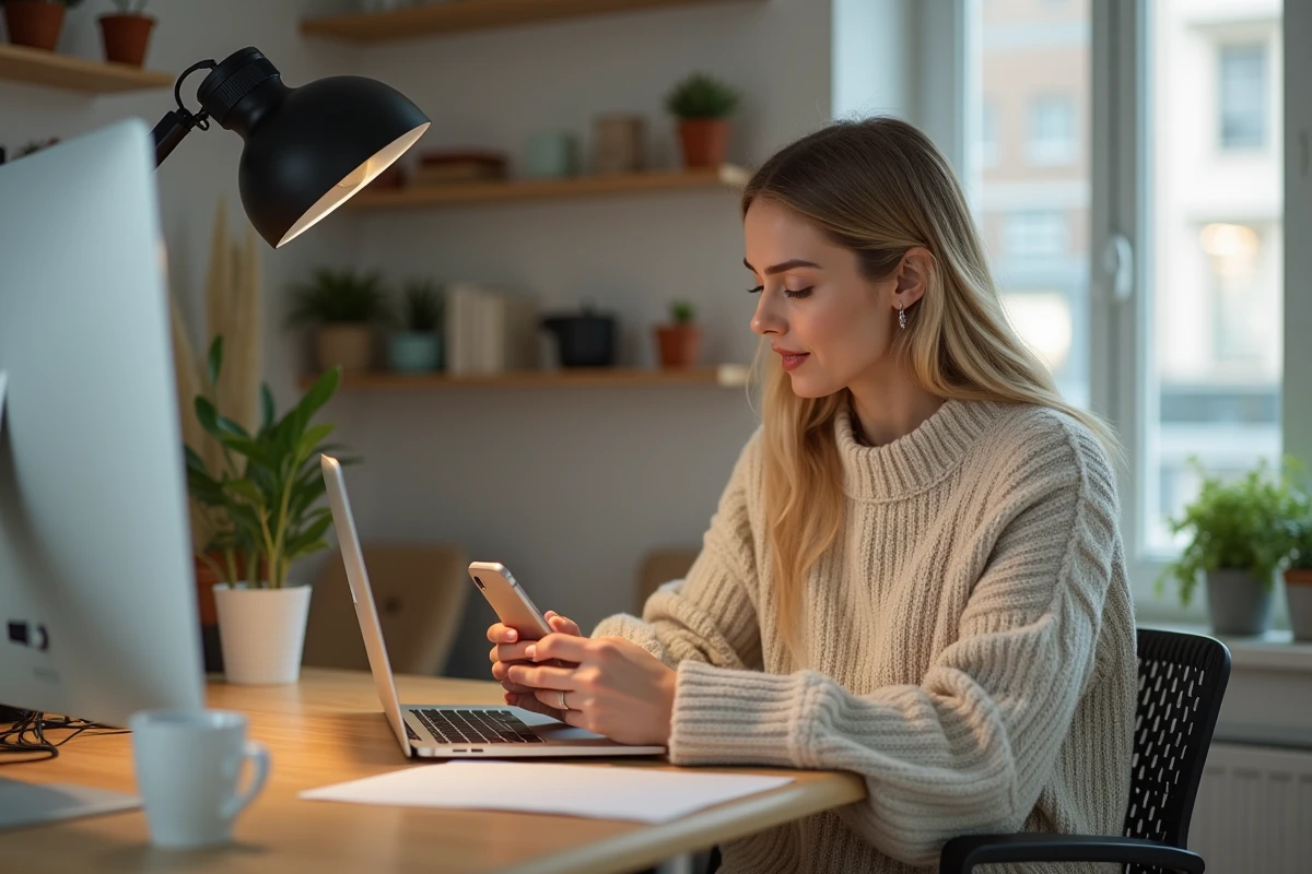Fille enregistrant une video dans un espace intérieur cosy