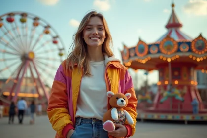 Fille souriante avec jouet au fairground en plein air
