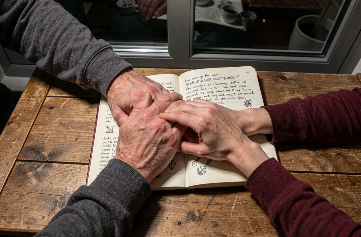 Mains d'un couple tenant un journal ouvert la nuit près d'une fenêtre illustrant les messages nocturnes de la flamme jumelle